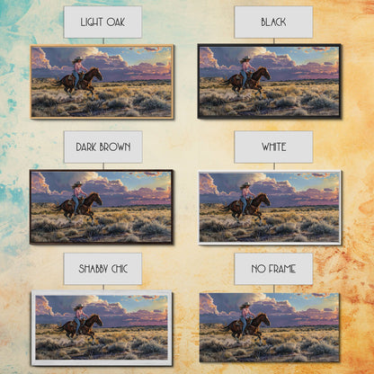 Cowgirl Galloping Across Desert Landscape, Vibrant Framed Canvas Print, Perfect for Living Room Art, Western Bedroom Decor, Desert Wall Art