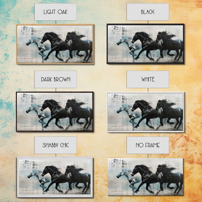 Galloping Horses in Monochrome Abstract Landscape, Perfect Wall Art, Framed Canvas Print for Living Room or Bedroom Decor, Equestrian Art