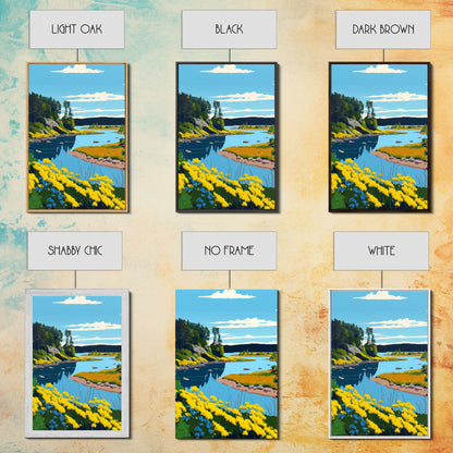 Colorful Pop Art Picture of a Stream, Framed Canvas Print, Surrealist High Contrast Cel Shaded Landscape Art