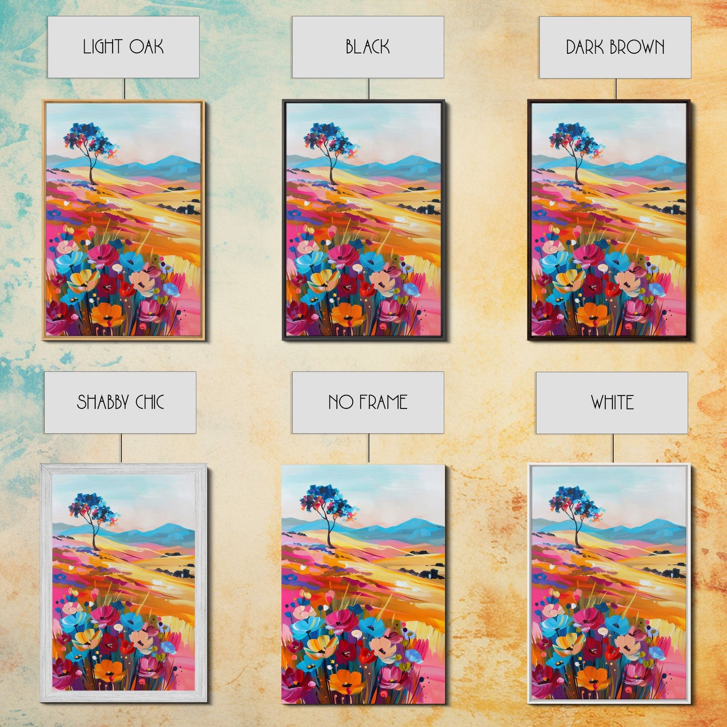 Vibrant Hills and Flowers Framed Canvas Print - Colorful Landscape Wall Art, Bright Living Room Decor, Whimsical Bedroom Art