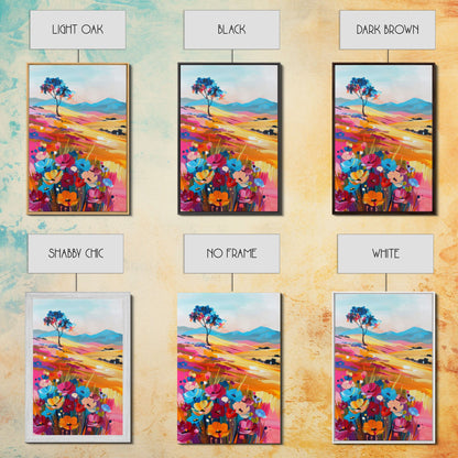 Vibrant Hills and Flowers Framed Canvas Print - Colorful Landscape Wall Art, Bright Living Room Decor, Whimsical Bedroom Art