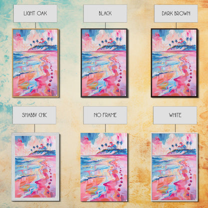 Colorful Tropical Beach Scene with Palm Tree - Framed Canvas Print, Vibrant Coastal Art, Living Room Decor, Beach Wall Art