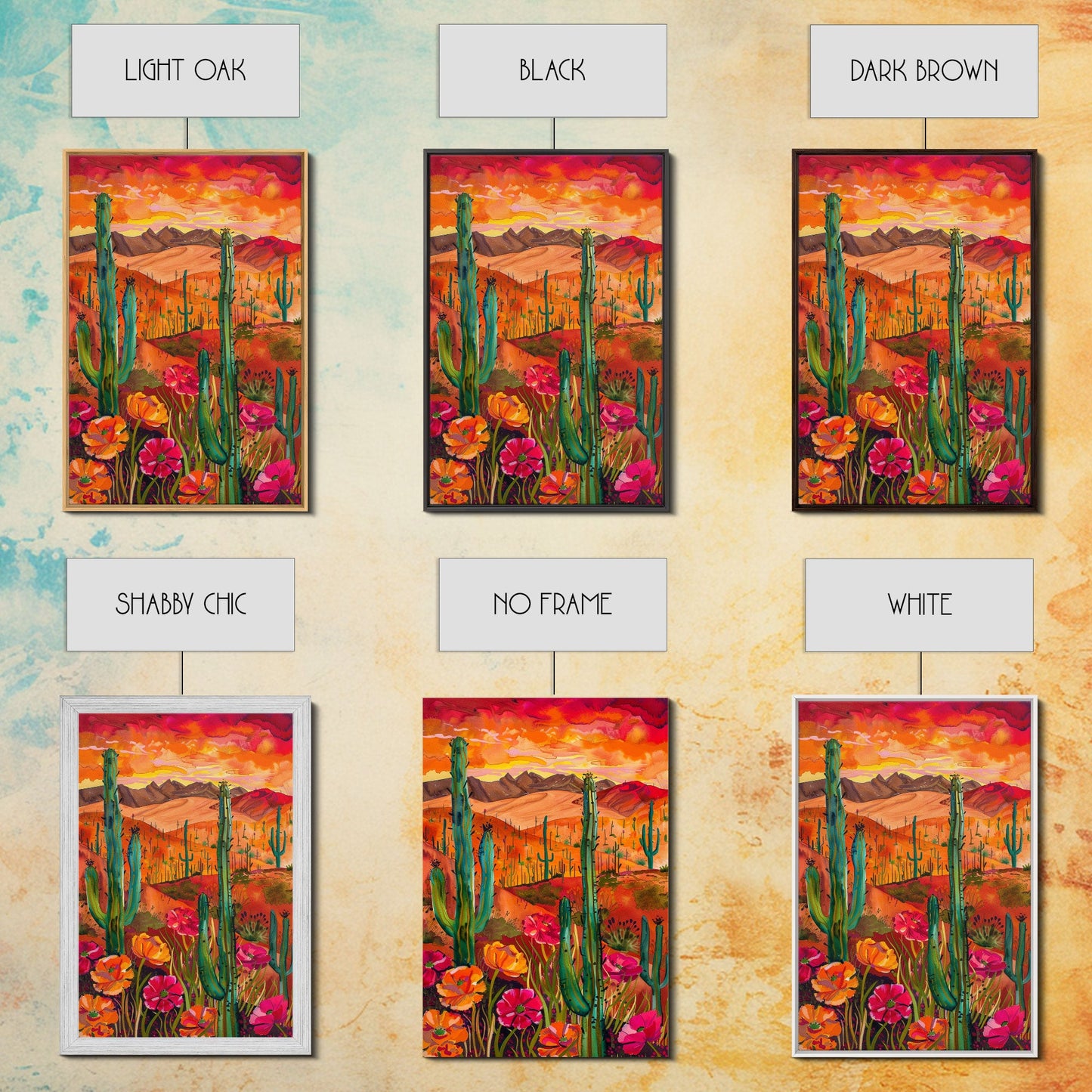 Framed Canvas Print, Vibrant Desert Landscape with Flowers and Cacti, Perfect Wall Art for Living Room or Bedroom Decor