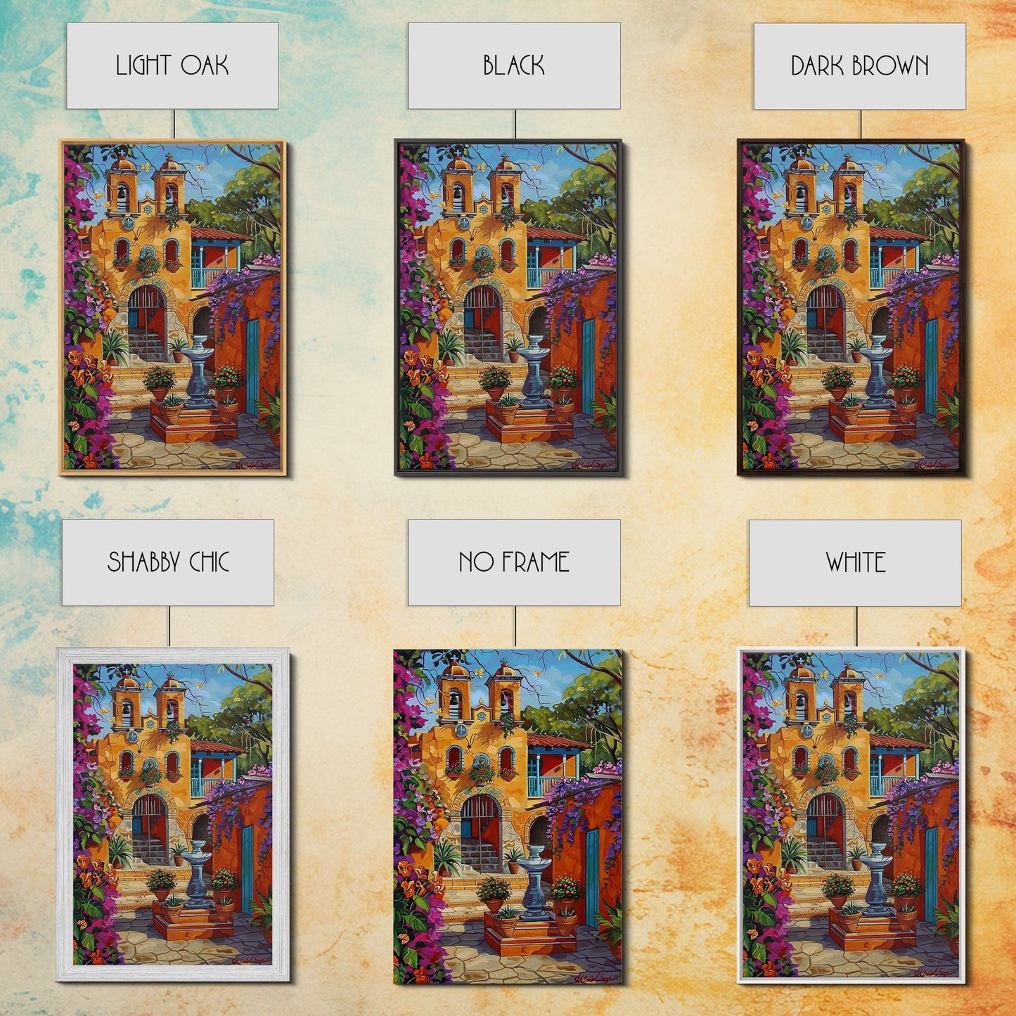 Bright Mexican Style Tall Art Framed Canvas Print Depicting Ornate Blue Door And Rustic Courtyard