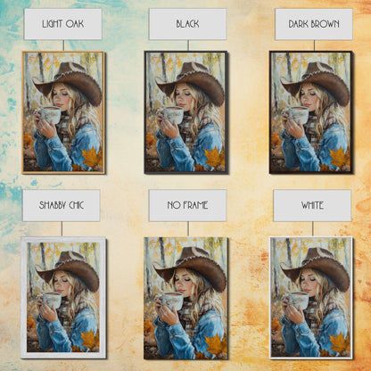 Fall-themed farmhouse framed canvas print a woman with coffee amidst autumn leaves ideal harvest home decor or seasonal wall art gift idea