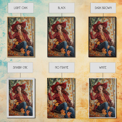 Fall Cowgirl Enjoying Her Swing, Framed Canvas Print, Autumn Decor, Cute Wall Art Gift Idea