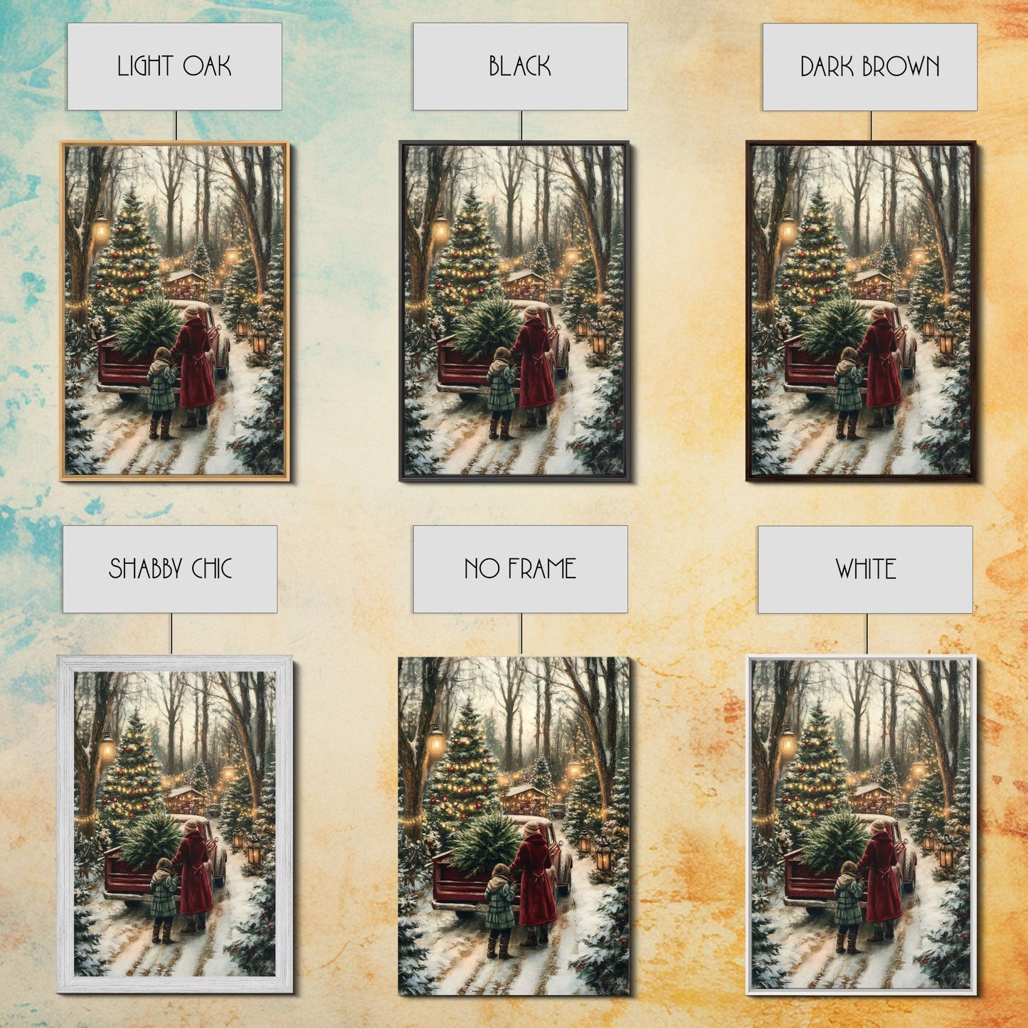 Rustic Christmas Tree Farm with Red Truck in Snowy Forest, Ideal Farmhouse Christmas Decor for Holiday Wall Art, Framed Canvas Print