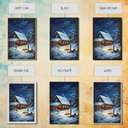 Cowboy Christmas by the Fire Framed Canvas Print, Western Holiday Decor with Snowy Cabin, Cozy Art Perfect for Rustic Christmas Winter Decor