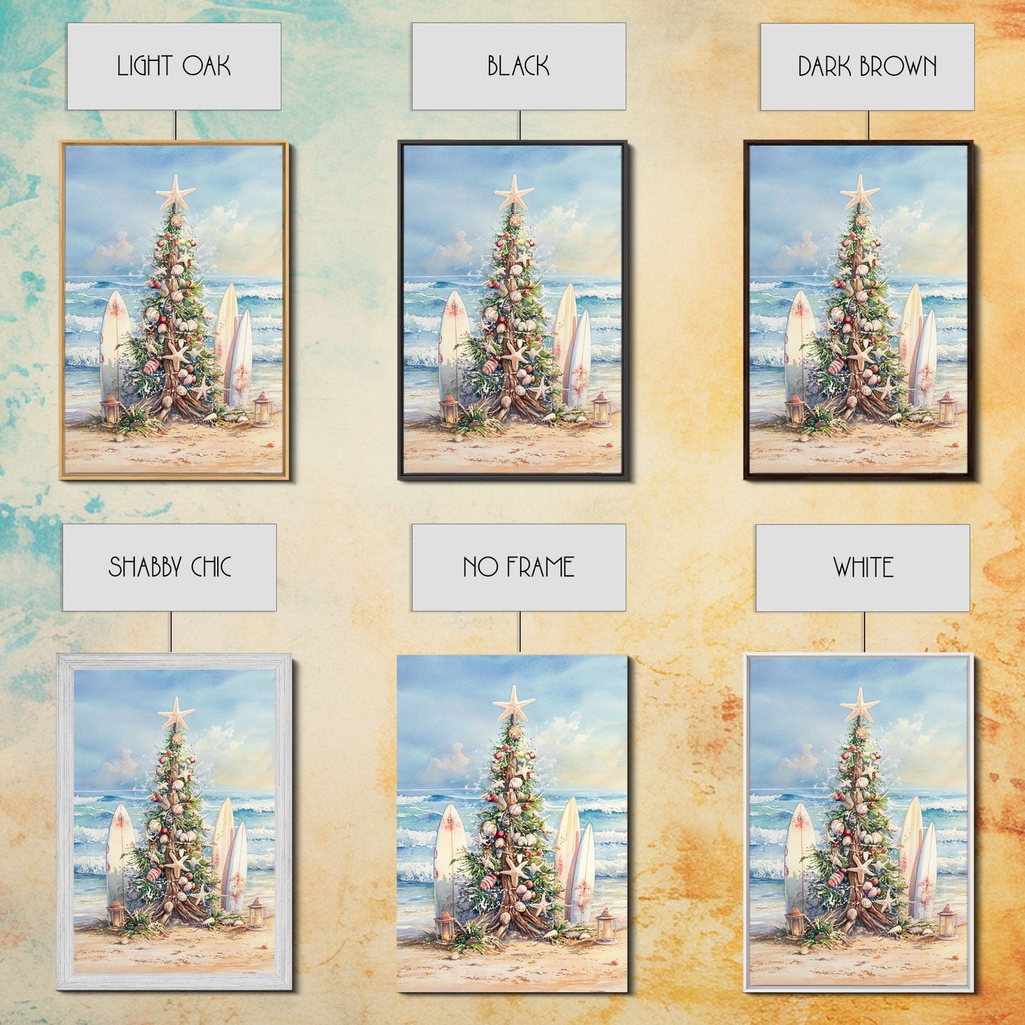 Coastal Christmas tree with surfboards at the beach Framed Canvas Print, tropical holiday wall art beach Christmas decor Christmas prints