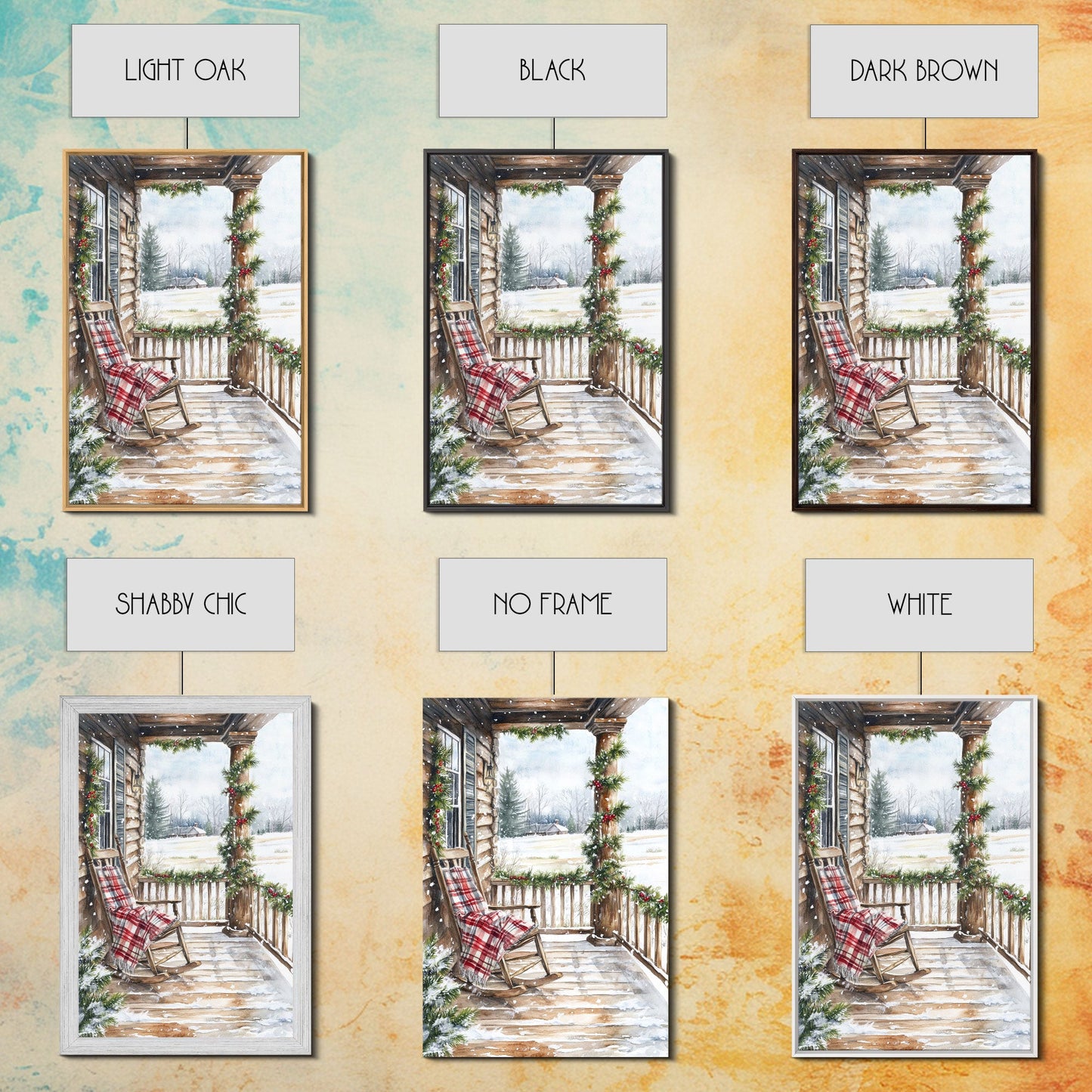 Farmhouse porch decorated with garland and cozy rocking chair, Framed Canvas Print winter decor idea for rustic home Christmas wall art