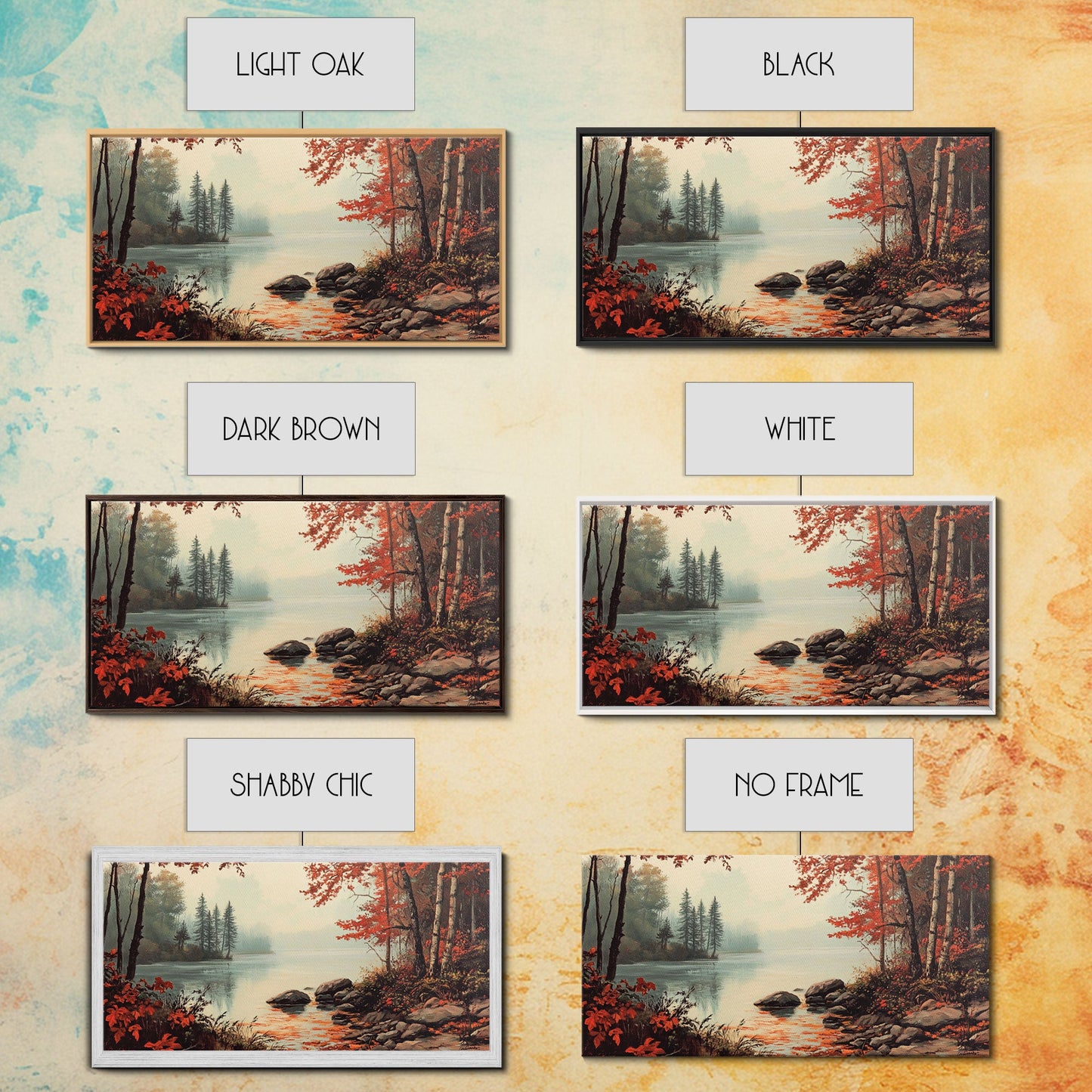 Fall On The River, Rustic Landscape Painting, Primitive Wall Art, Framed Canvas Print, retro festive holiday wall art Christmas decor