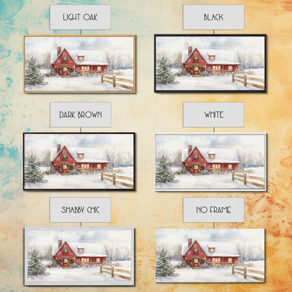 Snowy red farmhouse with wreaths and holiday lights, framed canvas print, perfect Christmas holiday decor or winter wall art display