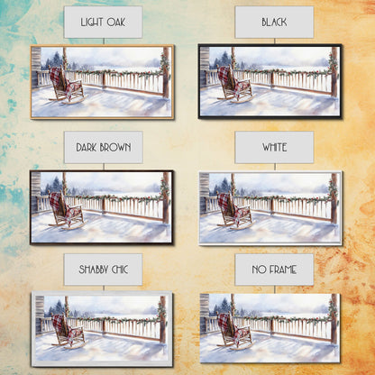 Snowy porch with rocking chair and plaid blanket, framed canvas print, Christmas decor perfect rustic holiday winter wall art