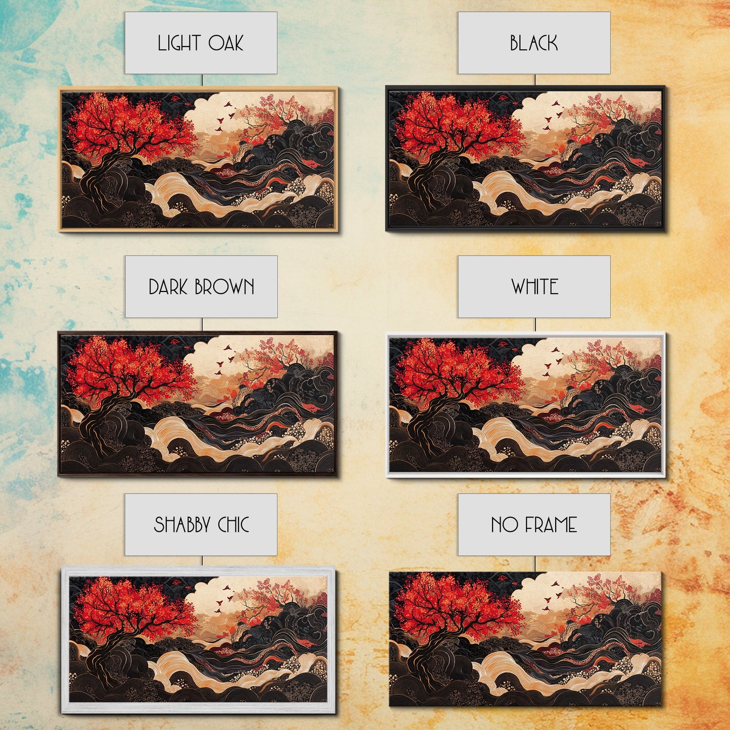 Japanese Inspired Framed Canvas Print Featuring Chinoiserie Wall Art and Autumn Tree Painting Unique Horizontal Living Room Art