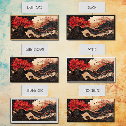 Japanese Inspired Framed Canvas Print Featuring Chinoiserie Wall Art and Autumn Tree Painting Unique Horizontal Living Room Art