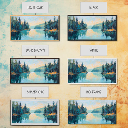 Tranquil Lake, pine tree art, landscape painting, smoky mountain art, panoramic painting, nature painting, Framed Canvas Print