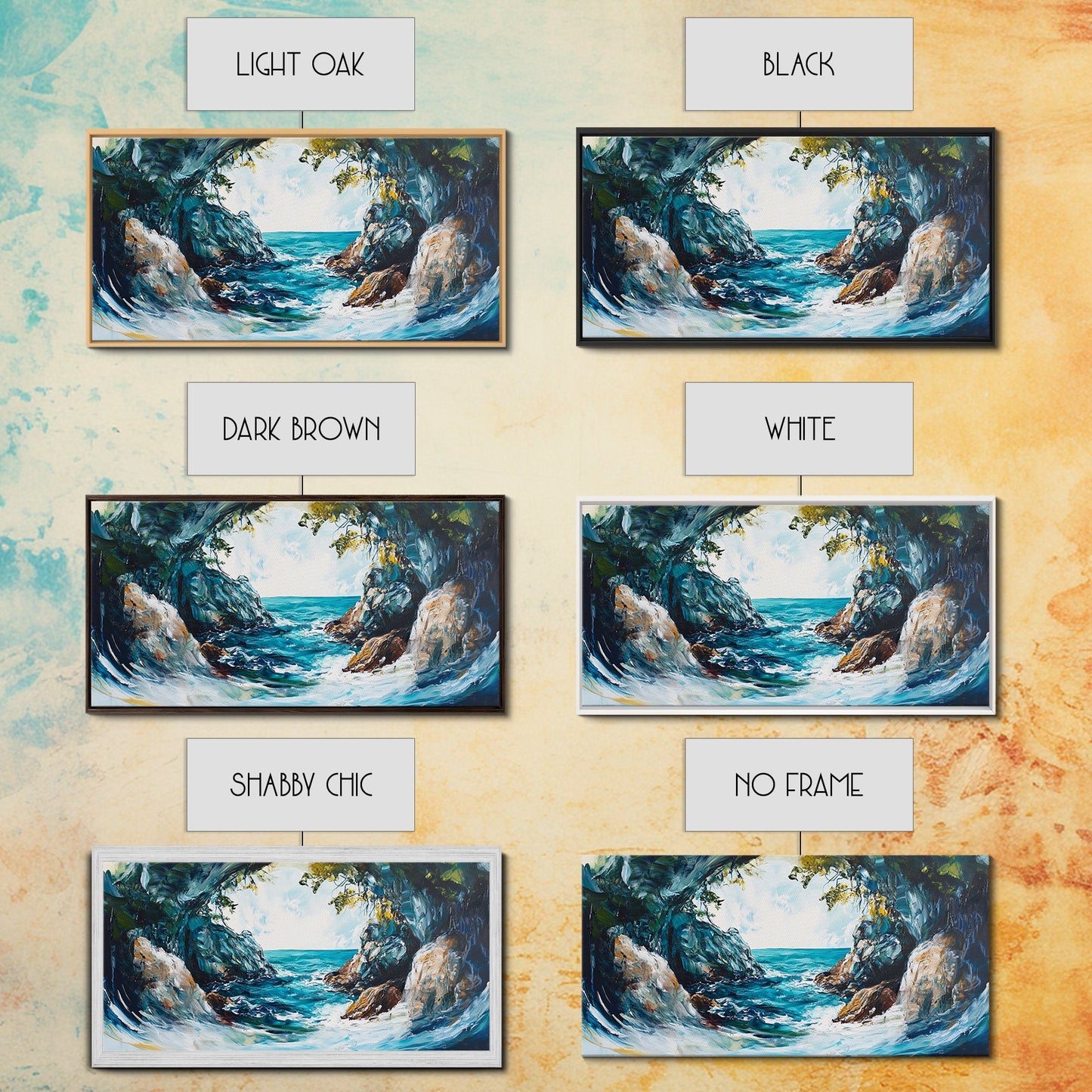 Ocean Cave, coastal landscape art, seascape painting, blue and green wall art, framed canvas print, extra wide art, beach painting