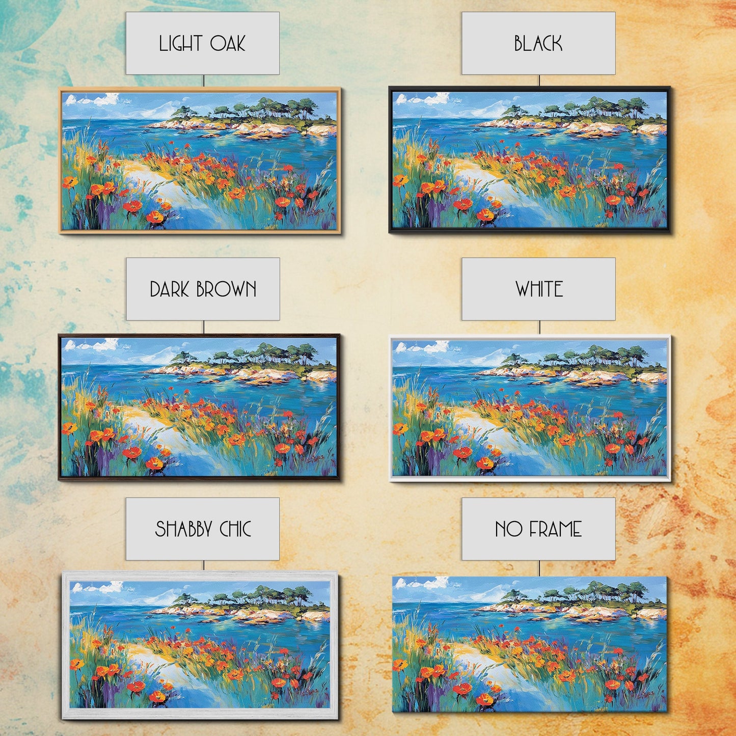 Coastal Poppies, Framed Canvas Print, California poppy art, coastal painting, wildflower painting, seascape art, above bed wall art