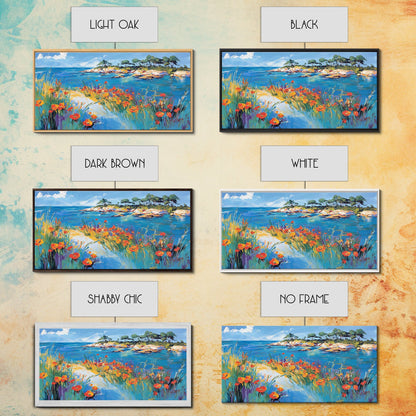 Coastal Poppies, Framed Canvas Print, California poppy art, coastal painting, wildflower painting, seascape art, above bed wall art