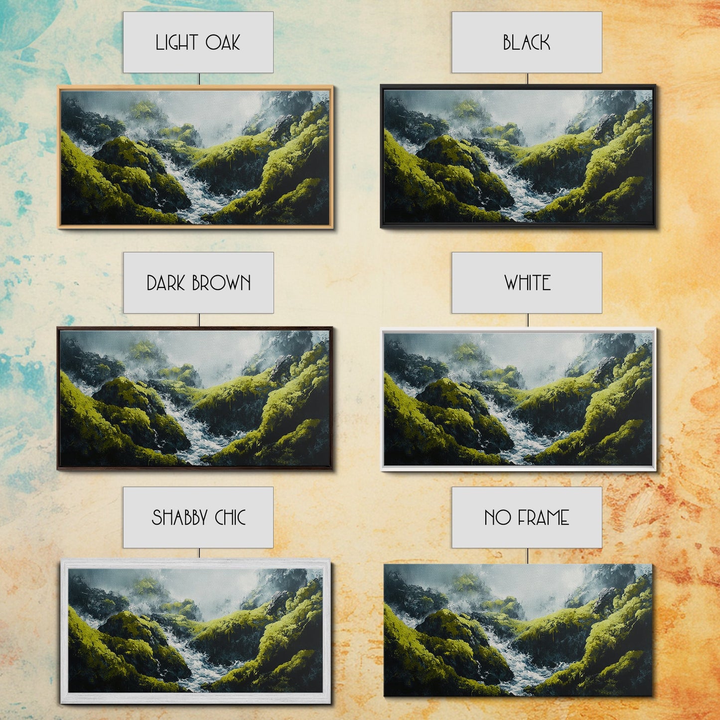 Waterfall Moss, green wall art, framed canvas print, mountain painting, zen wall art, rustic decor, original painting, above couch art