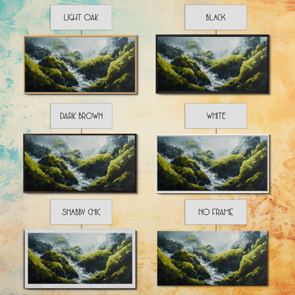 Waterfall Moss, green wall art, framed canvas print, mountain painting, zen wall art, rustic decor, original painting, above couch art