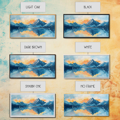 Lake Reflection, Sunset Mountains, Panoramic Art, Framed Canvas Print, Mountain Painting, Lake Art, Horizontal Wall Art, Bedroom Art