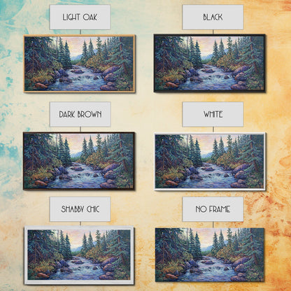 Forest River Scene, pine tree art, mountain painting, landscape painting, smoky mountain art, rustic decor, Framed Canvas Print