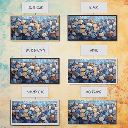 Seashell Beach Art, coastal wall art, oyster shell painting, blue and green wall art, framed canvas print, extra wide art