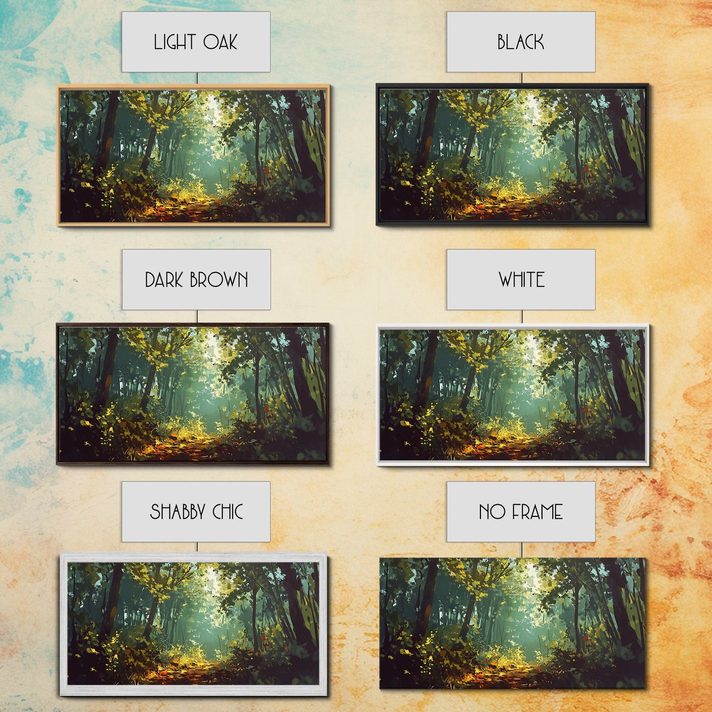 Forest Path, Sunlit Trees, Green Wall Art, Nature Landscape, Panoramic Painting, Rustic Wall Art, Framed Canvas Print