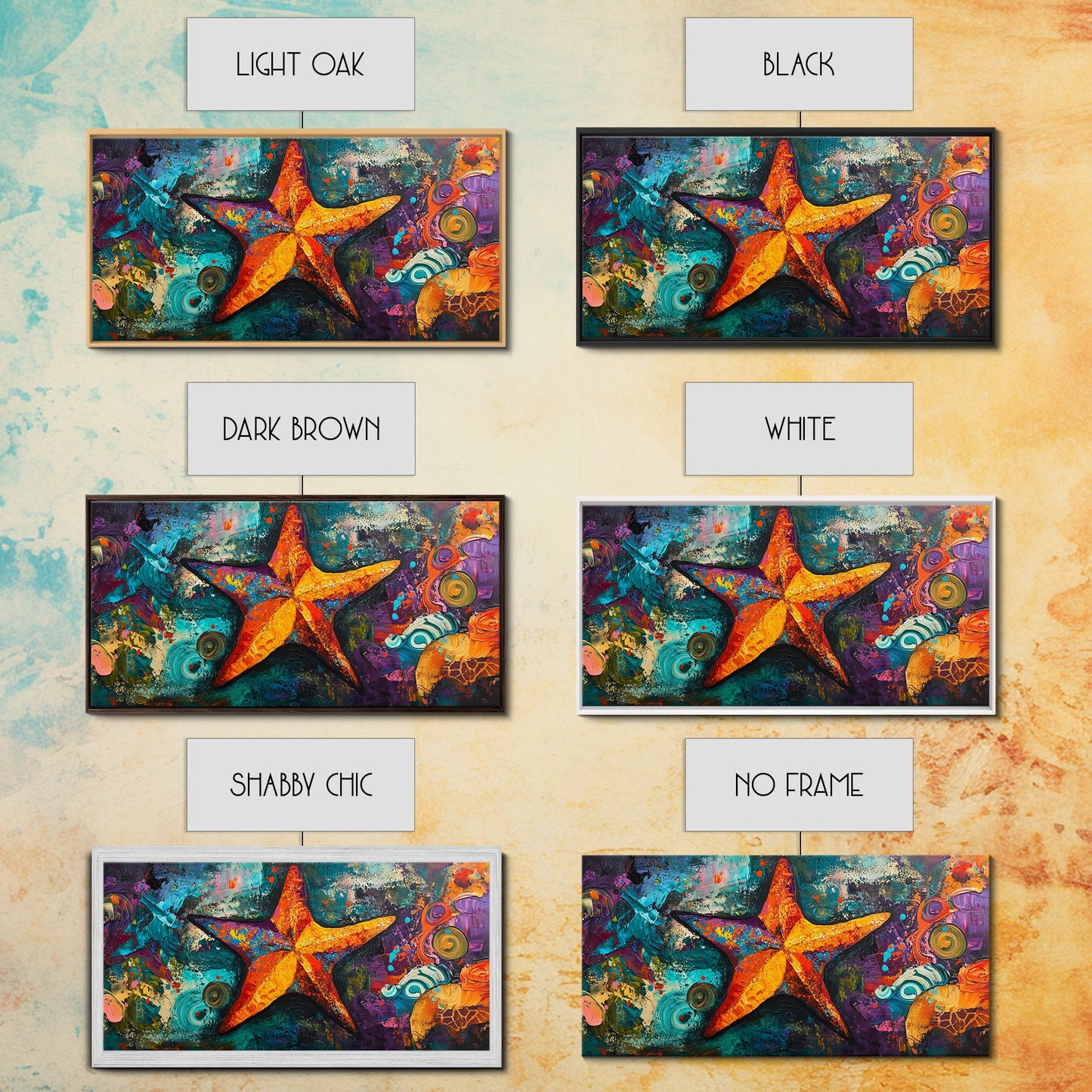 Vibrant starfish, coastal abstract, nautical decor, framed canvas print, ocean painting, coastal painting, whimsical art