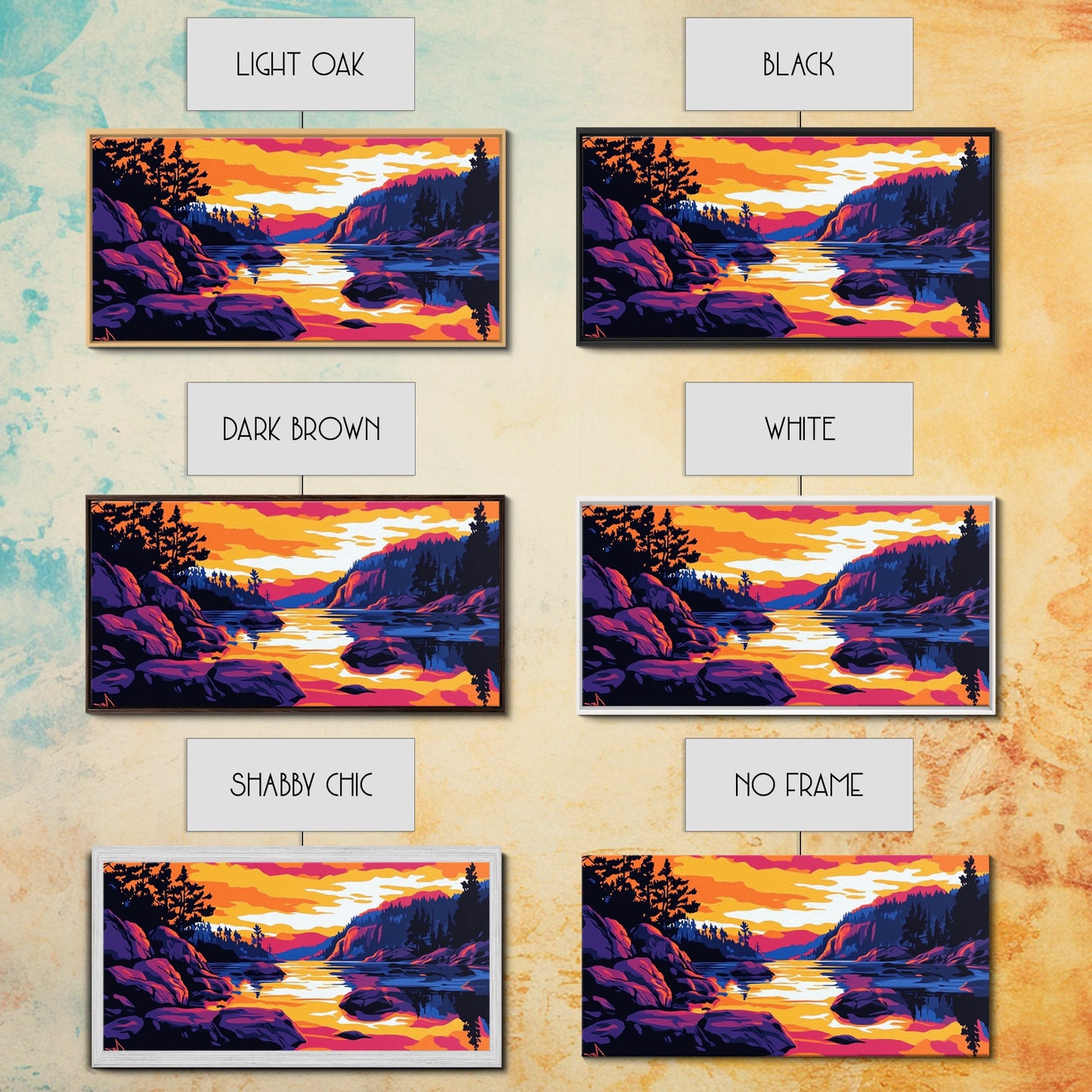 Golden Sunset, Rocky River, Mountain Reflection, Canvas Print, Rustic Lodge Wall Art, Autumn Home Decor, Warm Nature Painting, Colorful Art