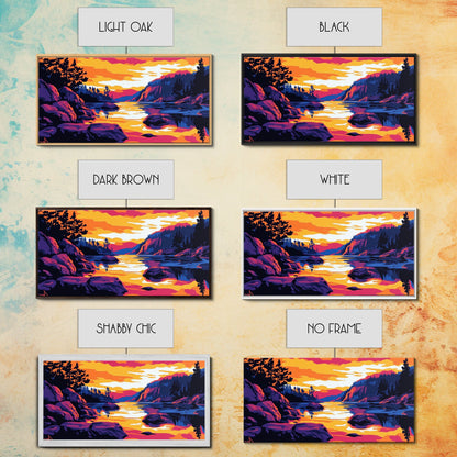 Golden Sunset, Rocky River, Mountain Reflection, Canvas Print, Rustic Lodge Wall Art, Autumn Home Decor, Warm Nature Painting, Colorful Art