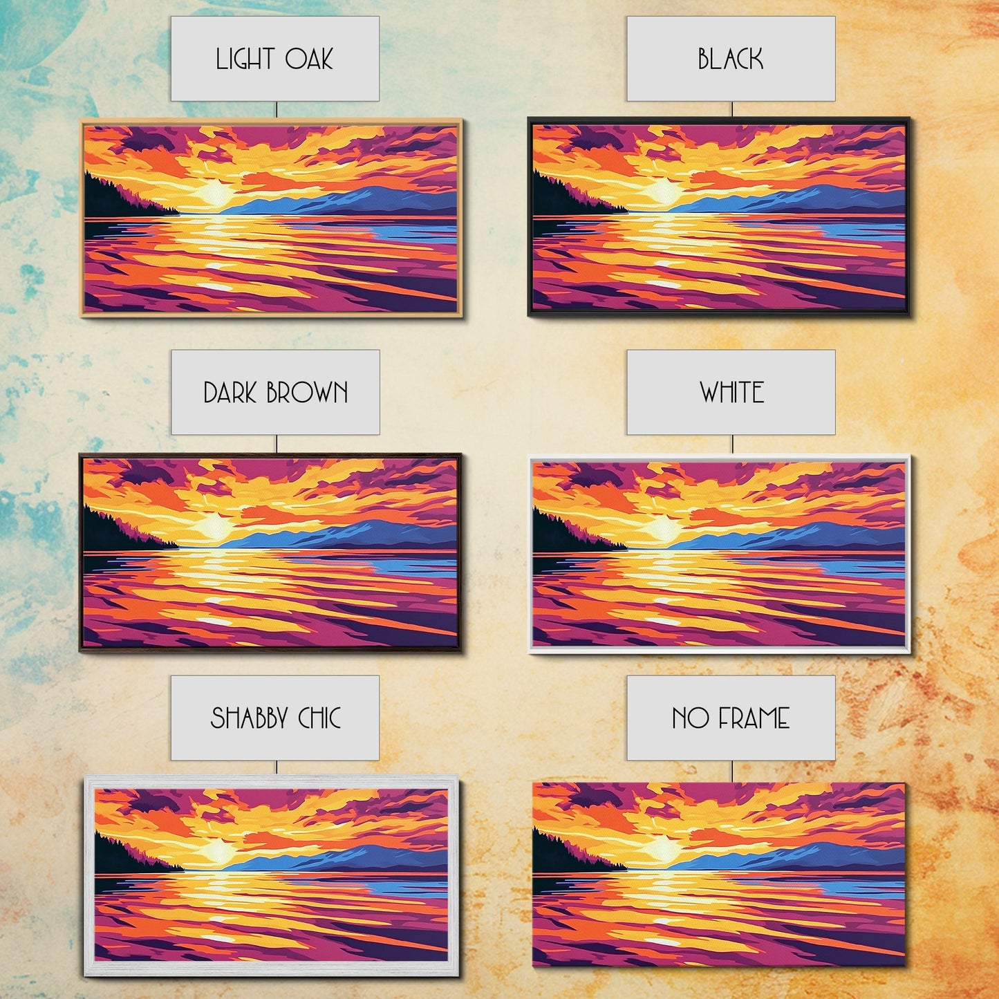 Sunset Glow, Serene Lake Reflection, Mountain Landscape Art, Vibrant Sky Painting, Framed Canvas Print, Office Wall Decor, Modern Home Art