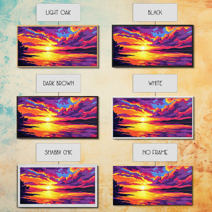 Dramatic Beach Sunset, Vibrant Sky Art, Colorful Coastal Print, Bold Nature Painting, Modern Home Wall Decor, Framed Canvas Print