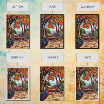 Autumn Table, Garden Path, Scenic View, Framed Canvas Print, cozy fall art, rustic decor, nature painting, Dining Room Wall Art