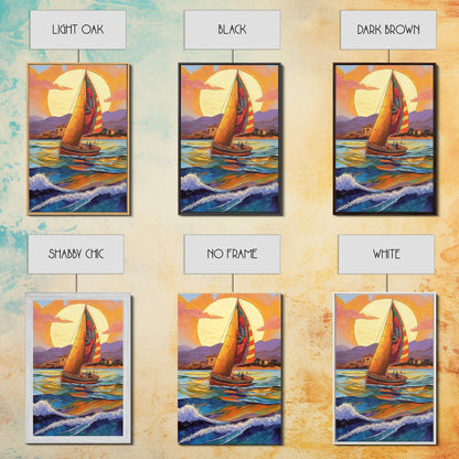Colorful Sailboat, Coastal Adventure, Sunset Sea, Nautical Art, Living Room Wall Art, Tropical Decor, Framed Canvas Print, Ocean Vibes