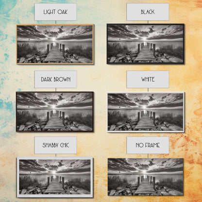 Rustic Dock Sunset, Lakehouse Art, Black White Landscape, Framed Canvas Print, Country Home Decor, Cabin Wall Art, Lakeside Tranquility