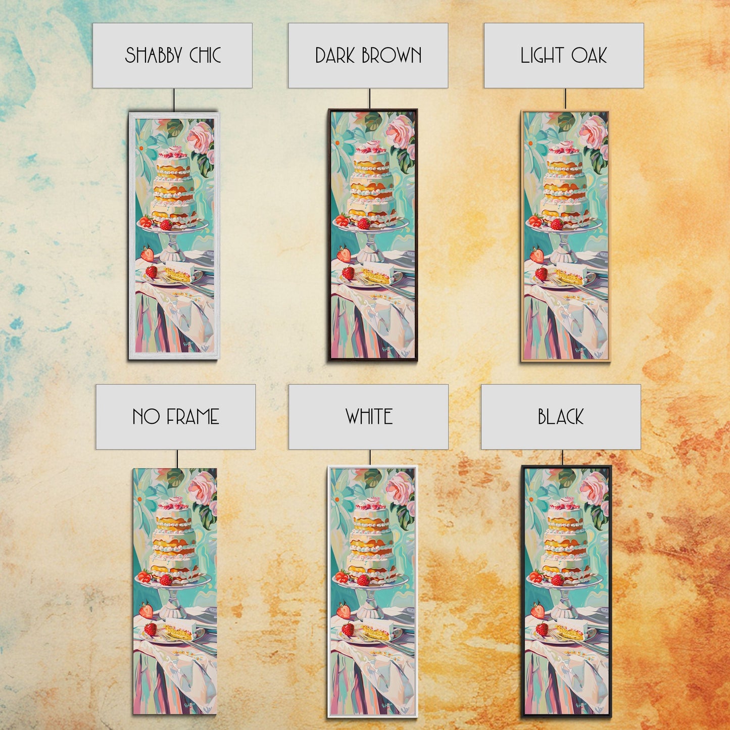 Cake Wall Art Framed and Printed on Canvas, Wall Art for Kitchen or Bakery, Food Art Print, Tall and Narrow Colorful Art for Kitchen