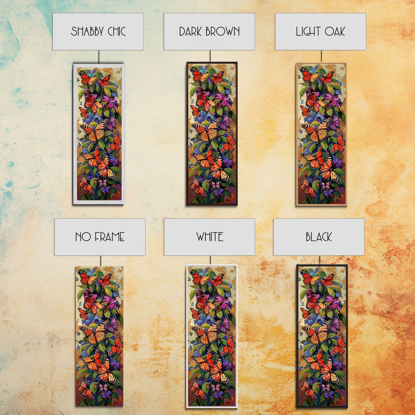 Colorful Butterfly Vertical Framed Canvas Oil Painting, Abstract Botanical Wall Art, Gouache Style Painted Art, Housewarming Gift for Her