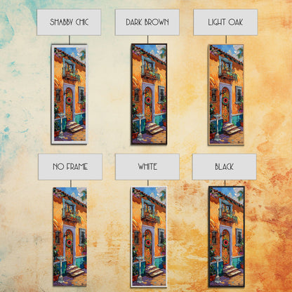 Spanish Inspired Acrylic Painting Framed and Printed on Canvas, Long and Narrow Vertical Art, Colorful Botanical Wall Art for Living Room