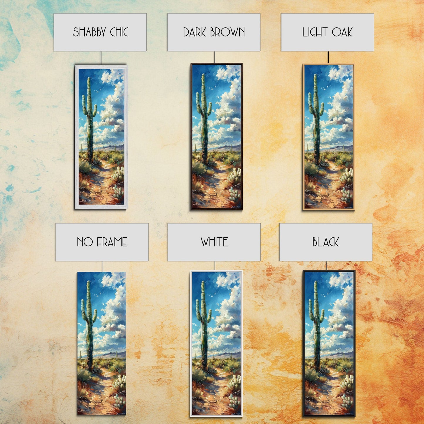 Iconic Saguaro Cactus in a Desert Landscape Under a Bright Blue Sky on a Framed Canvas Print Tall Art Piece