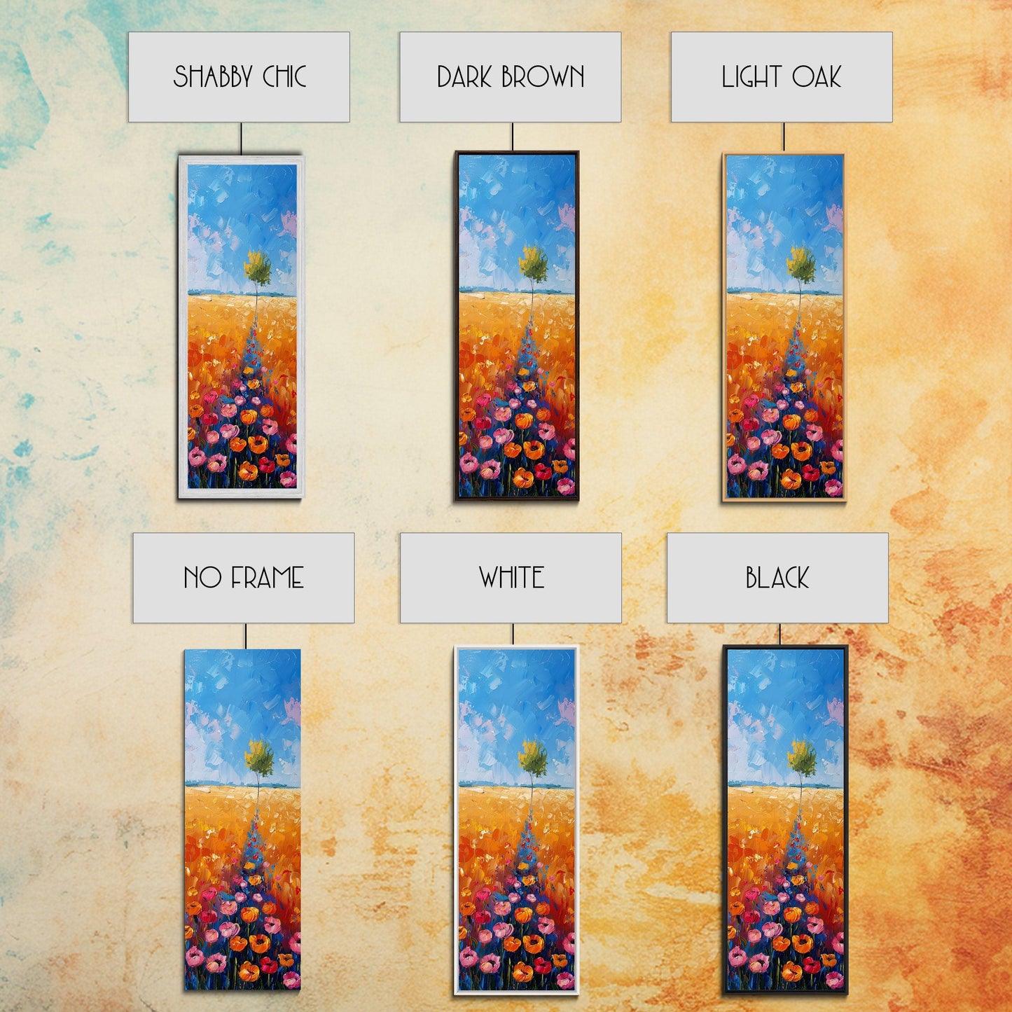 Colorful Wildflowers in a Field with a Lone Tree Under a Bright Blue Sky on a Framed Canvas Print Tall Art Piece