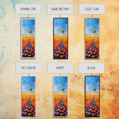 Colorful Wildflowers in a Field with a Lone Tree Under a Bright Blue Sky on a Framed Canvas Print Tall Art Piece