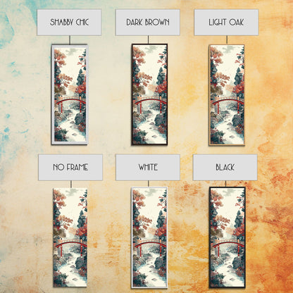 Traditional Japanese Skinny Art of Autumn Bridge in Serene Landscape with Fall Foliage – Framed Canvas Print