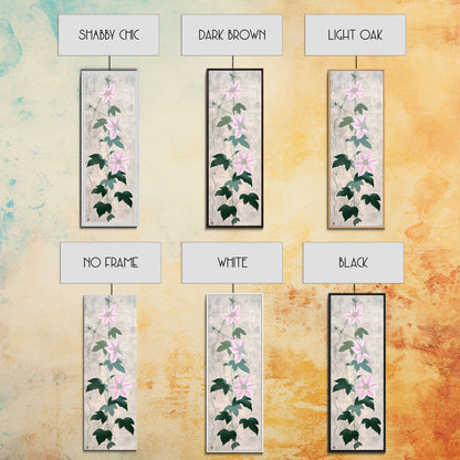 Skinny Art Clematis Vine In Japanese Style Wood Block Print Soft Pink Flowers On Framed Canvas Print, Tall Art Ukiyo-e