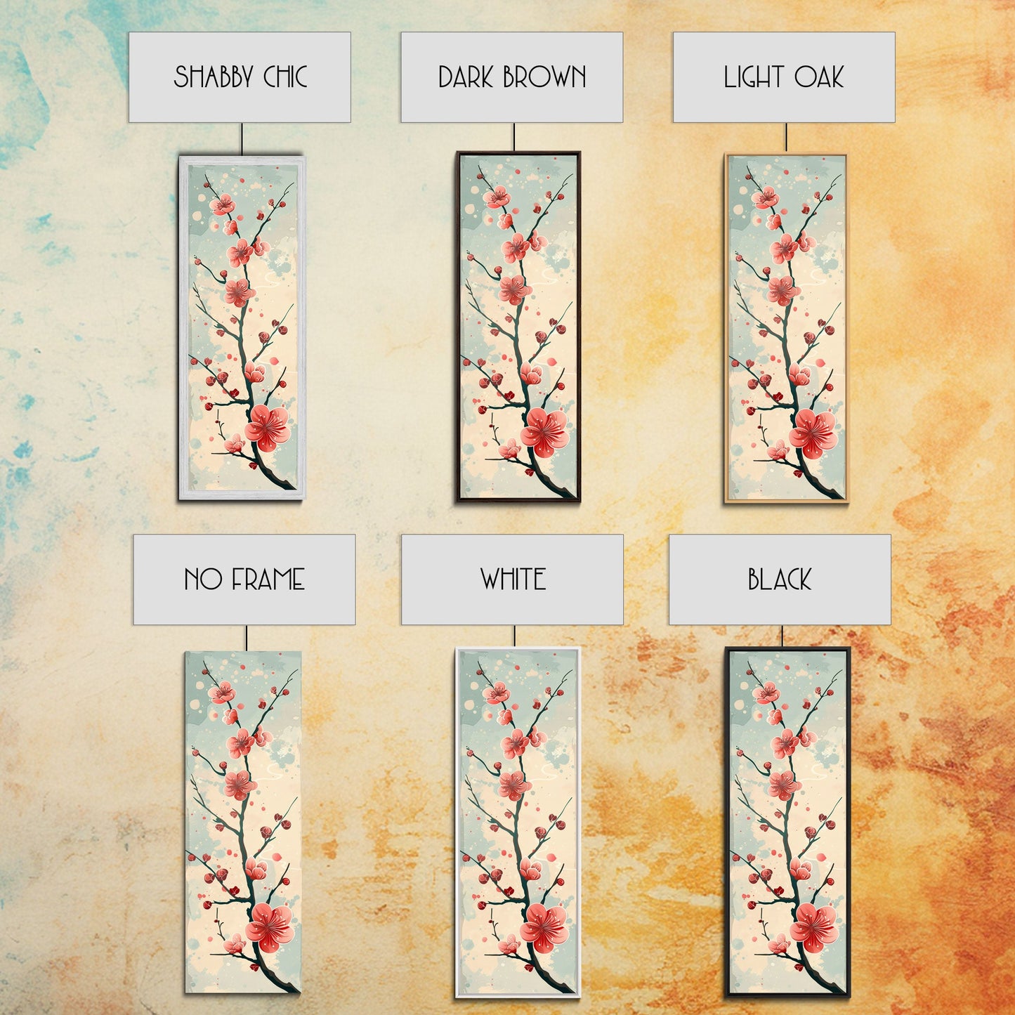 Peach Blossoms On Branch With Soft Pastel Background Tall Art Skinny Art Framed Canvas Print Japanese Style Art Ukiyo-e Wood Block Print