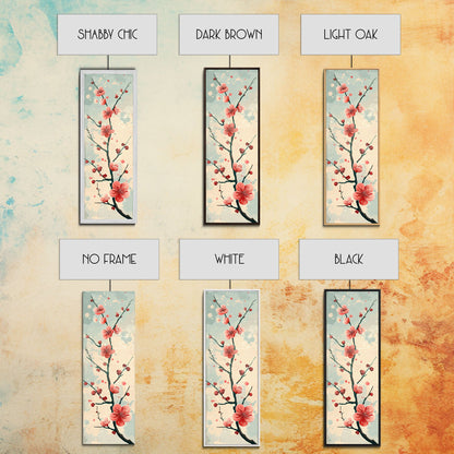 Peach Blossoms On Branch With Soft Pastel Background Tall Art Skinny Art Framed Canvas Print Japanese Style Art Ukiyo-e Wood Block Print