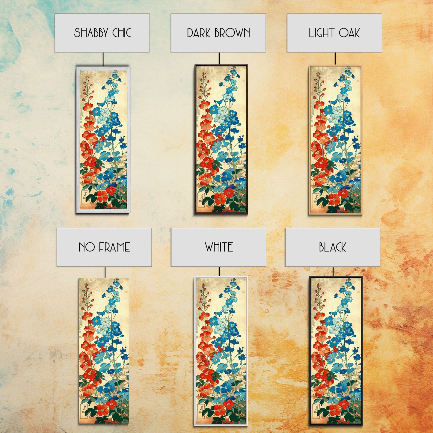 Delphinium Flowers Japanese Garden Art In Traditional Ukiyo-e Style Framed Canvas Print Tall Skinny Wood Block Floral Wall Decor