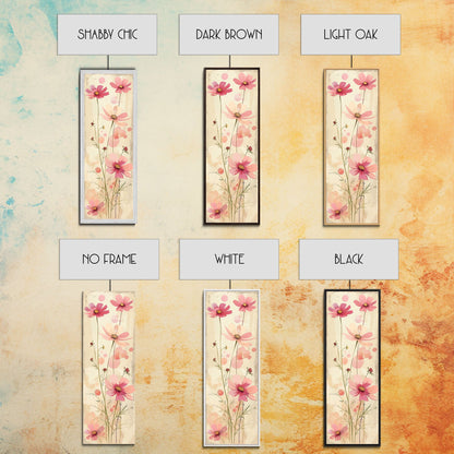 Delicate Pink Flowers with Tall Stems on a Subtle Beige Background Ukiyo-e Art Japanese Framed Canvas Print Skinny Tall Art