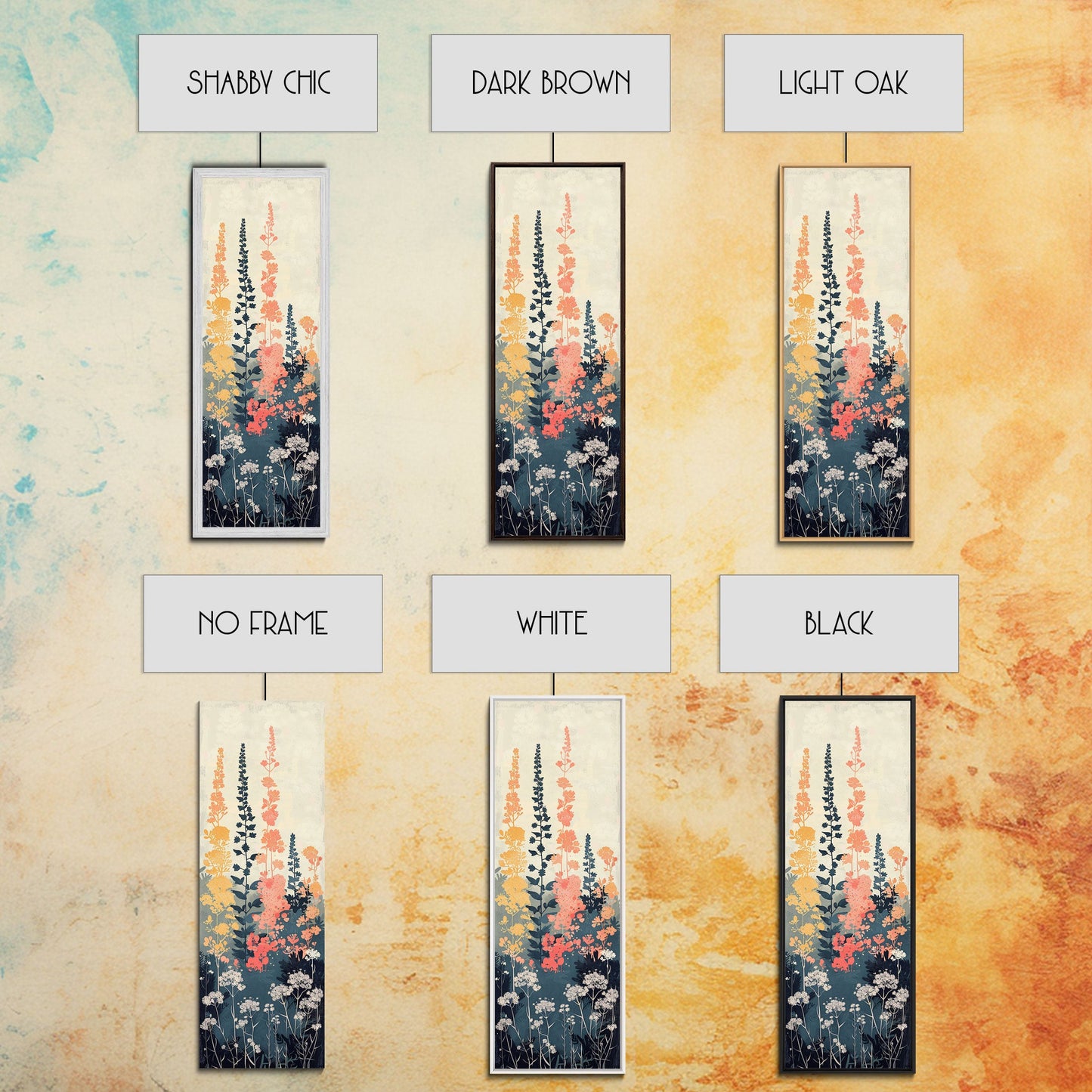 Framed Canvas Print Of Elegant Wildflowers Set Against A Soft Background, Skinny Art, Tall Art, Japanese Style Art, Ukiyo-e Art, Wood Block Print